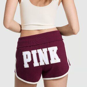 VS PINK Campus Terry Foldover Shorts Wild Rose White Logo At Back (L) NWT!
